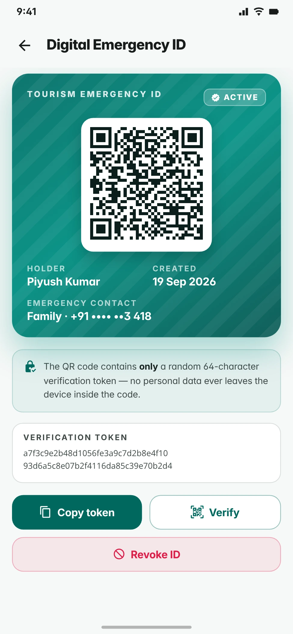 Tourism digital emergency ID card showing a QR code, active status and verification token