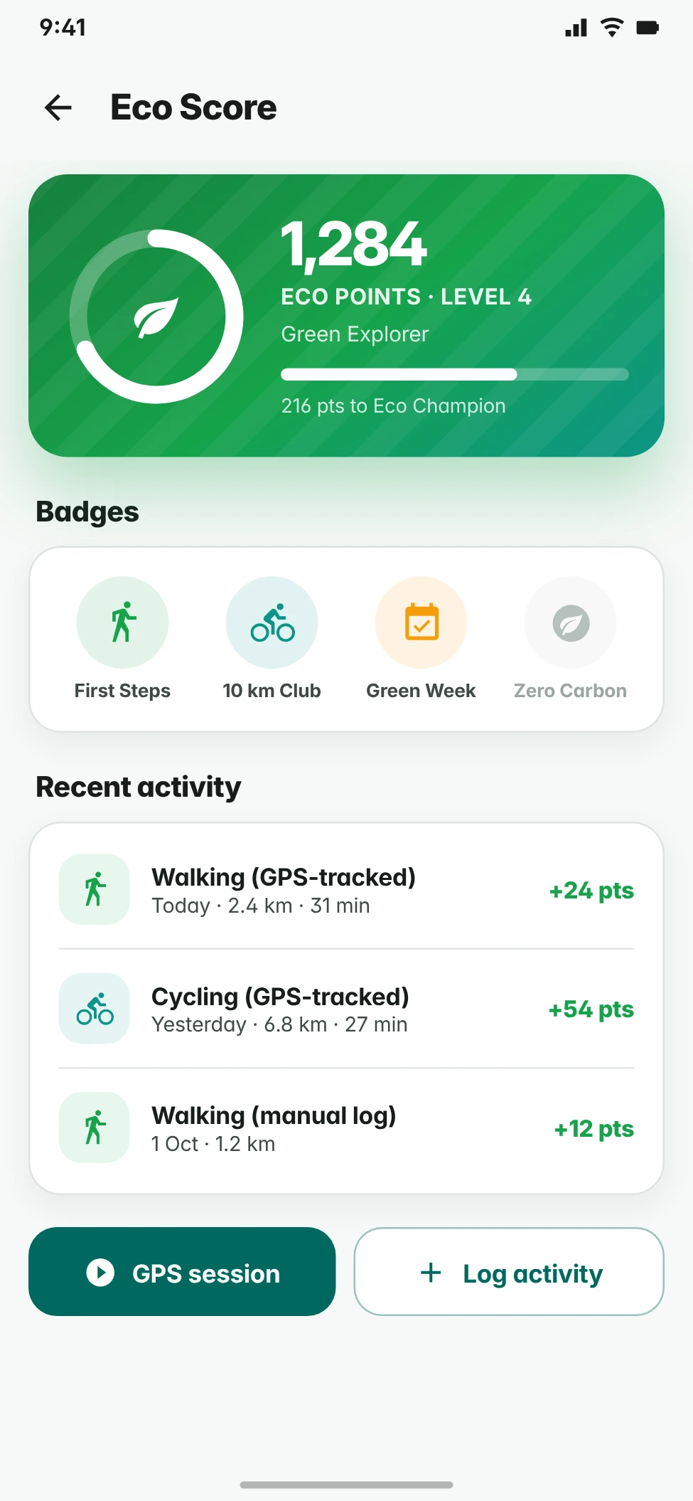 Tourism eco score screen with points, level progress, badges and recent GPS-tracked activity