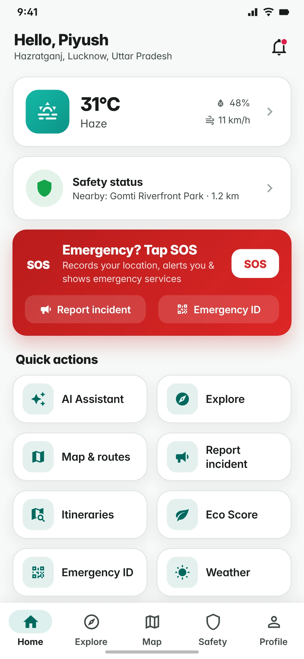 Tourism home dashboard showing live weather, safety status, the SOS card and the quick-actions grid