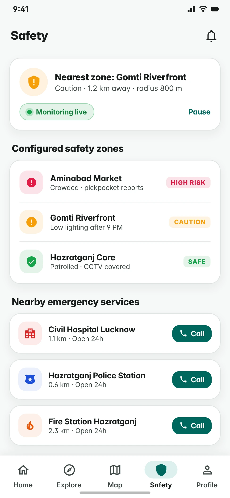 Tourism safety hub listing configured safety zones and nearby emergency services with call buttons